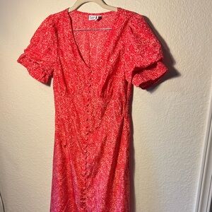 Luna Skies Puff Sleeve Red V-Neck Button Down Midi Dress Size M Valentines Day